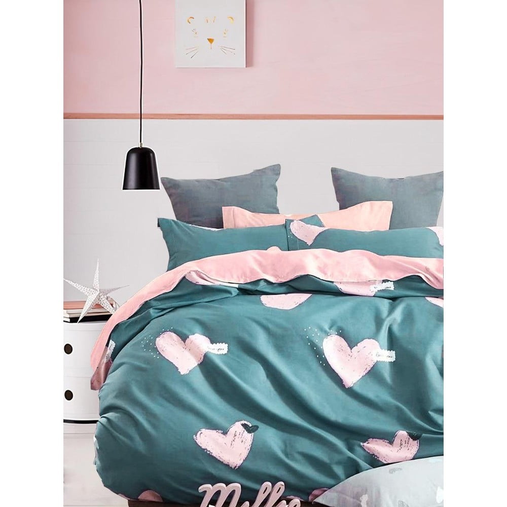 Zöld-rózsaszín kétszemélyes hosszabbított négyrészes renforcé pamut ágyneműhuzat lepedővel 200x220 cm Beloved – Mila Home