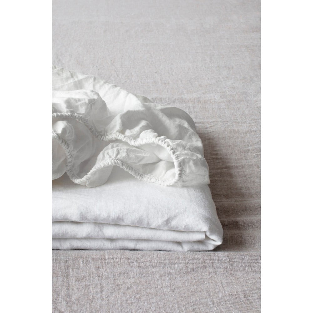 Fehér gumis len lepedő 160x200 cm White – Linen Tales