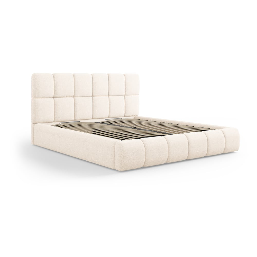 Krémszínű kárpitozott ágyneműtartós franciaágy ágyráccsal 200x200 cm Bellis – Micadoni Home