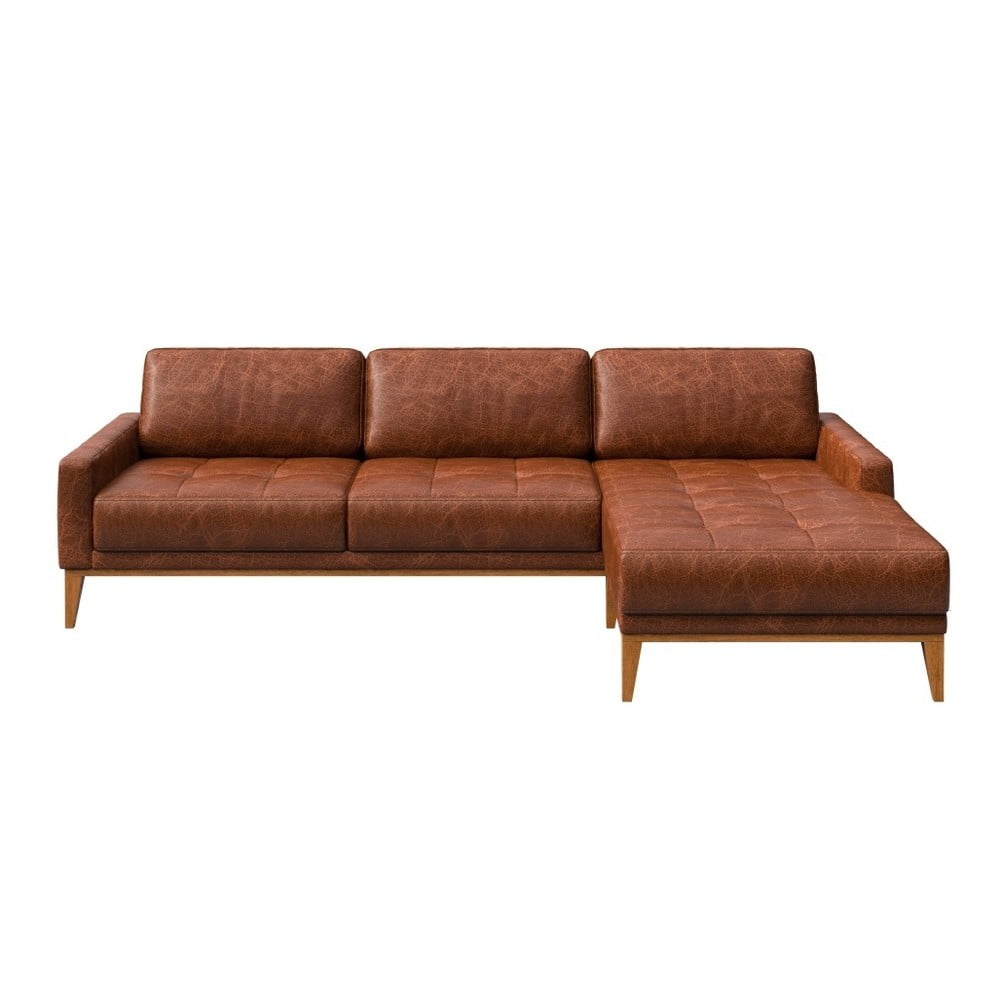 Musso Tufted konyakbarna bőr kanapé jobb oldali fekvőfotellel - MESONICA