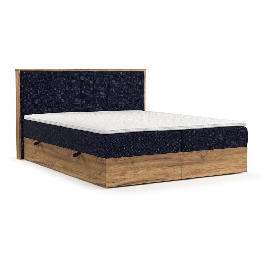 Sötétkék-natúr színű ágyneműtartós boxspring ágy 140x200 cm Asahi – Maison de Rêve