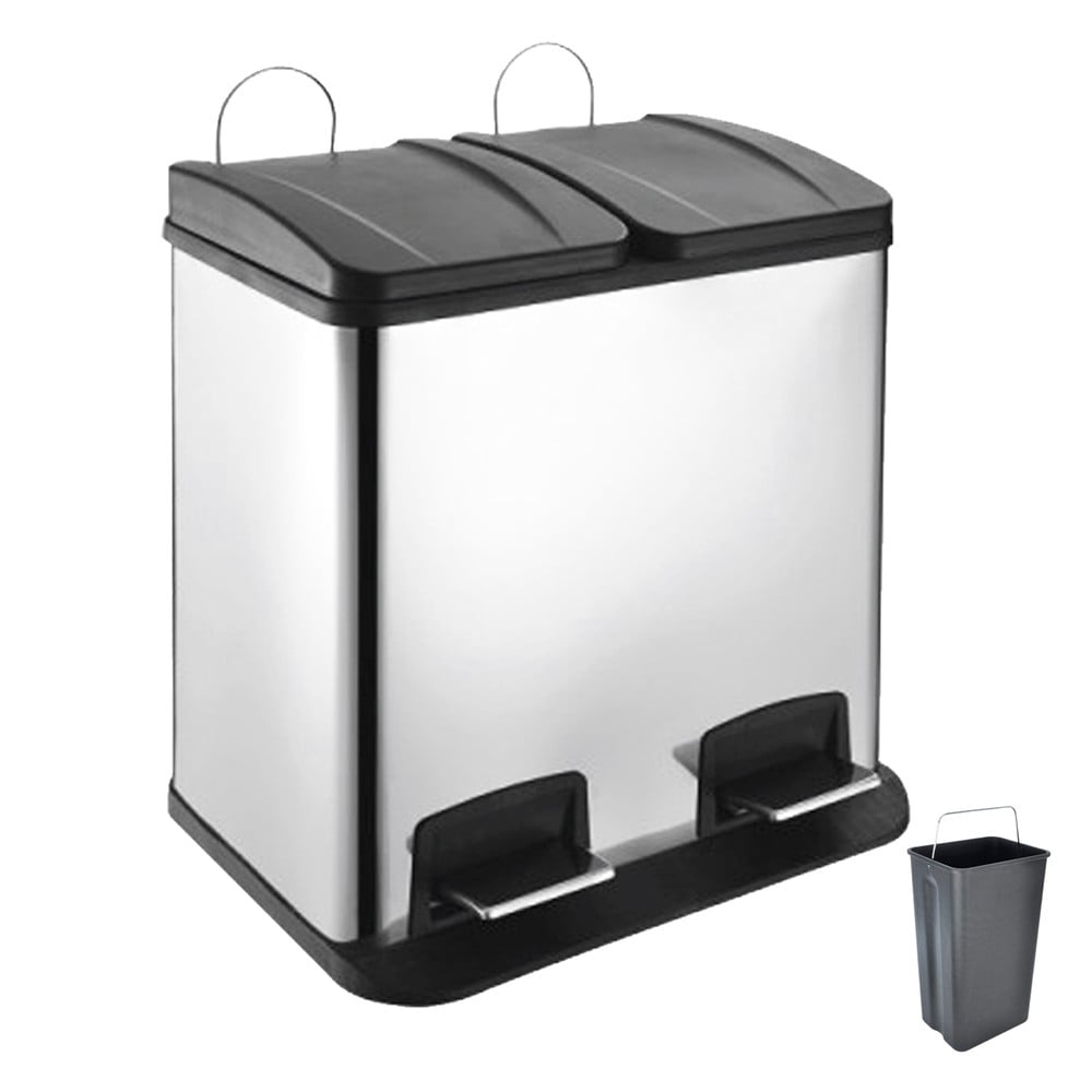 Fényes ezüstszínű rozsdamentes acél szelektív pedálos szemetes 2x20 l Duo – Orion