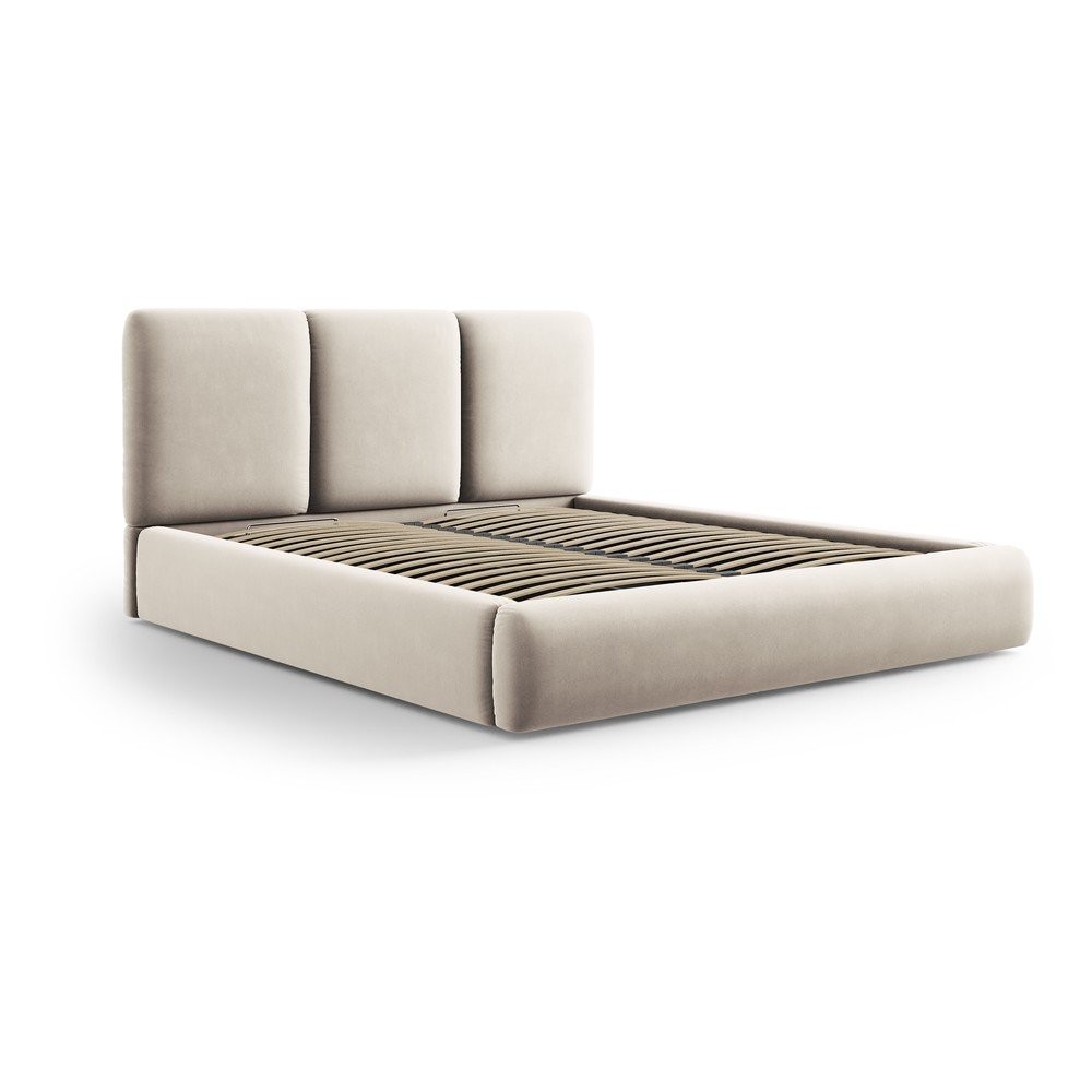 Krémszínű bársony kárpitozott ágyneműtartós franciaágy ágyráccsal 140x200 cm Brody – Mazzini Beds