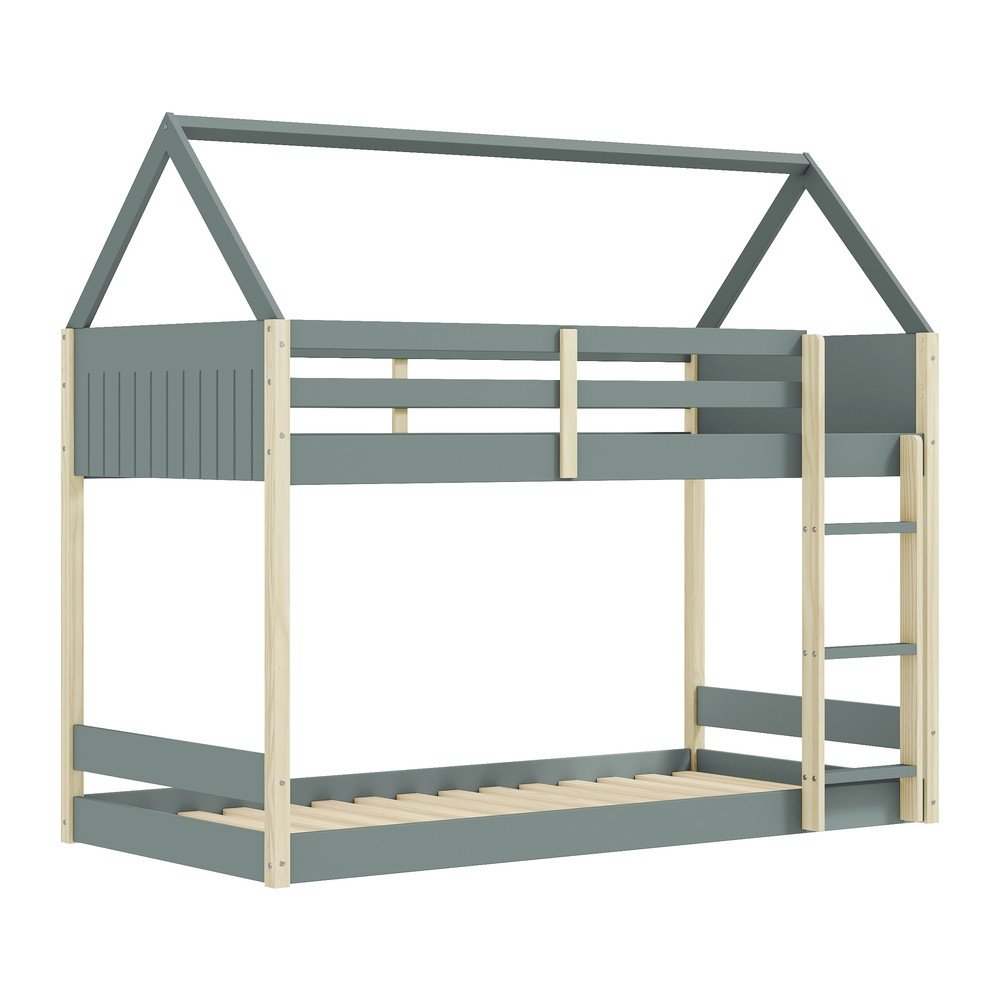 Natúr színű-szürkészöld házikó alakú-emeletes gyerekágy ágyráccsal 90x190 cm Valka – Marckeric
