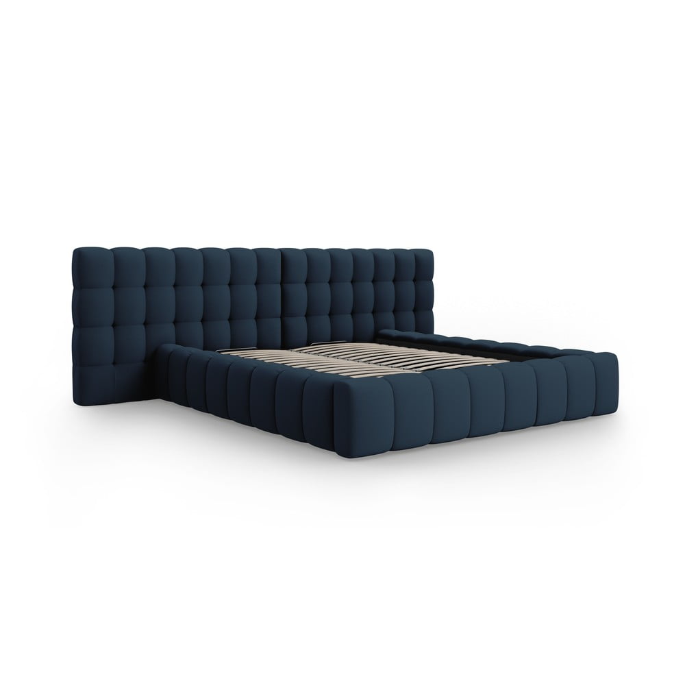 Sötétkék kárpitozott ágyneműtartós franciaágy ágyráccsal 200x200 cm Mamaia – Micadoni Home