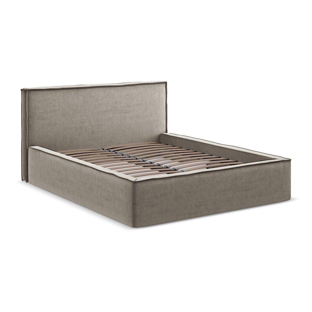 Szürkésbarna kárpitozott ágyneműtartós franciaágy ágyráccsal 160x200 cm Anani – Makamii