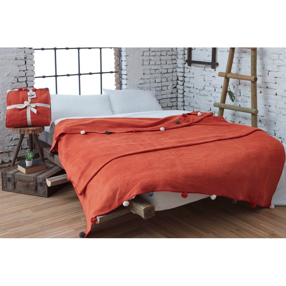 Téglavörös fleece ágytakaró 150x200 cm Pom Pom – Mijolnir