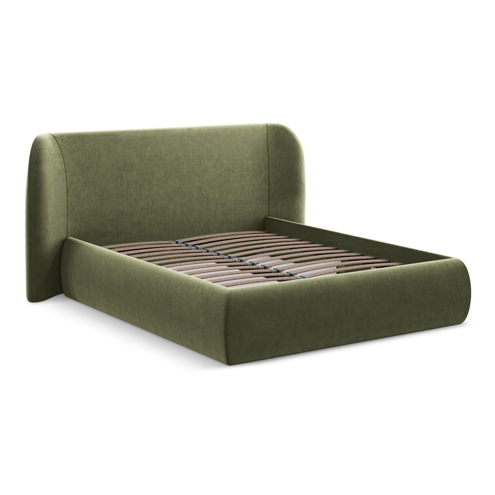 Zöld kárpitozott ágyneműtartós franciaágy ágyráccsal 180x200 cm Hauke – Makamii