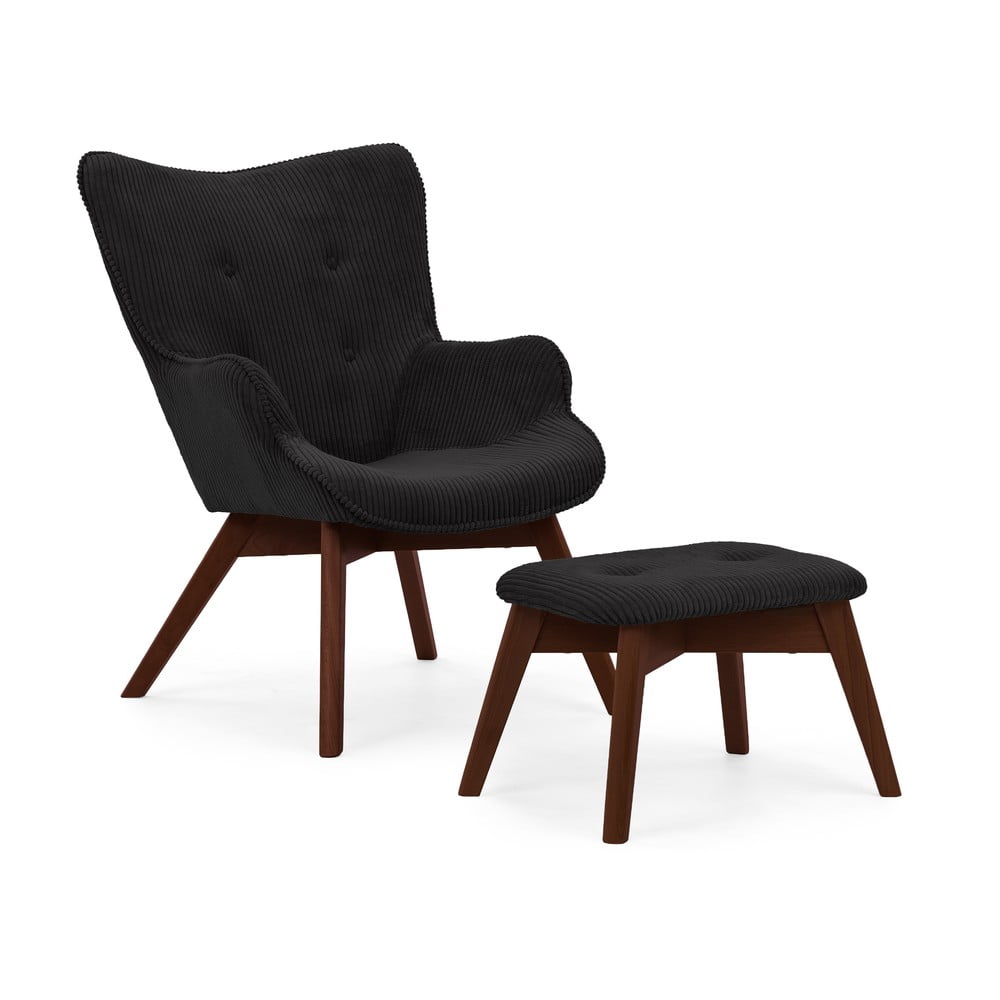 Fekete kordbársony fotel lábtartóval Niko – Ropez