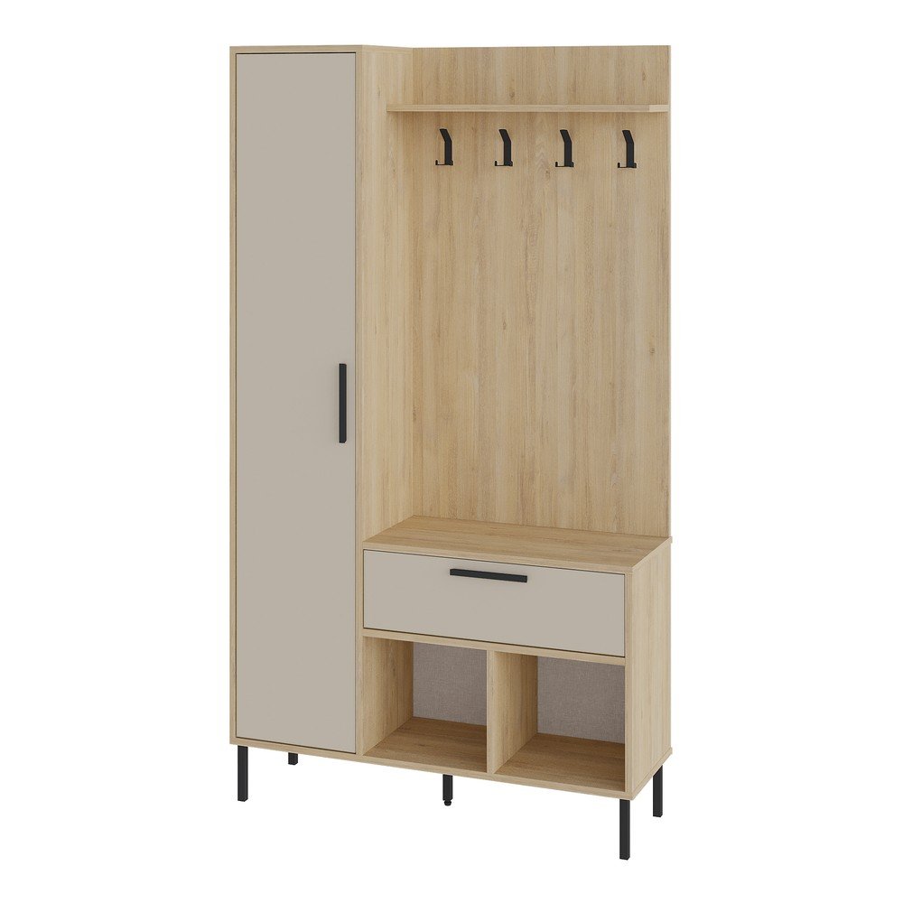 Krémszínű-natúr színű előszoba bútor tölgyfa dekorral 108x195x35 cm Heidy – Marckeric