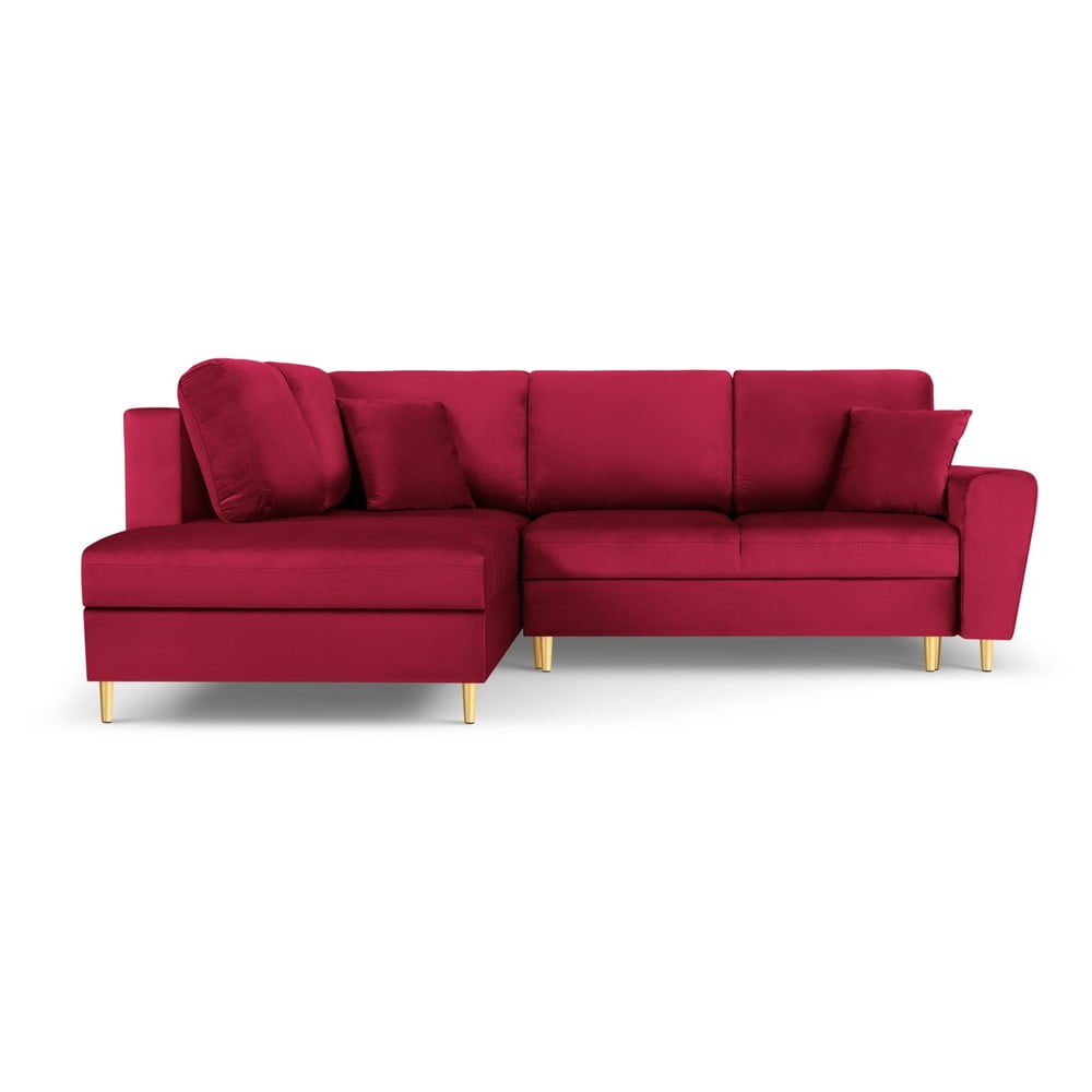 Piros bársony kinyitható tárolóhelyes sarokkanapé (bal oldali-L alakú) Kyoto – Cosmopolitan Design