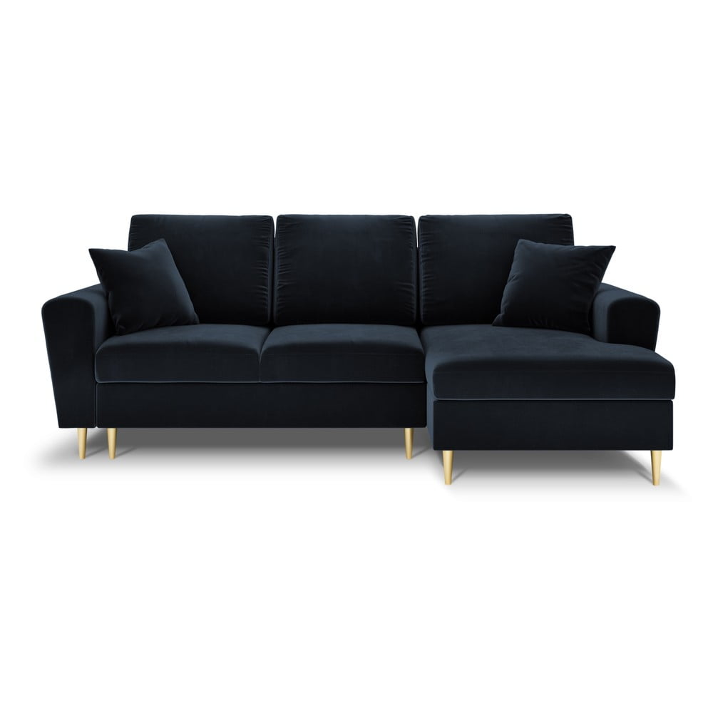 Sötétkék bársony kinyitható tárolóhelyes sarokkanapé (jobb oldali-heverő résszel) Kyoto – Cosmopolitan Design