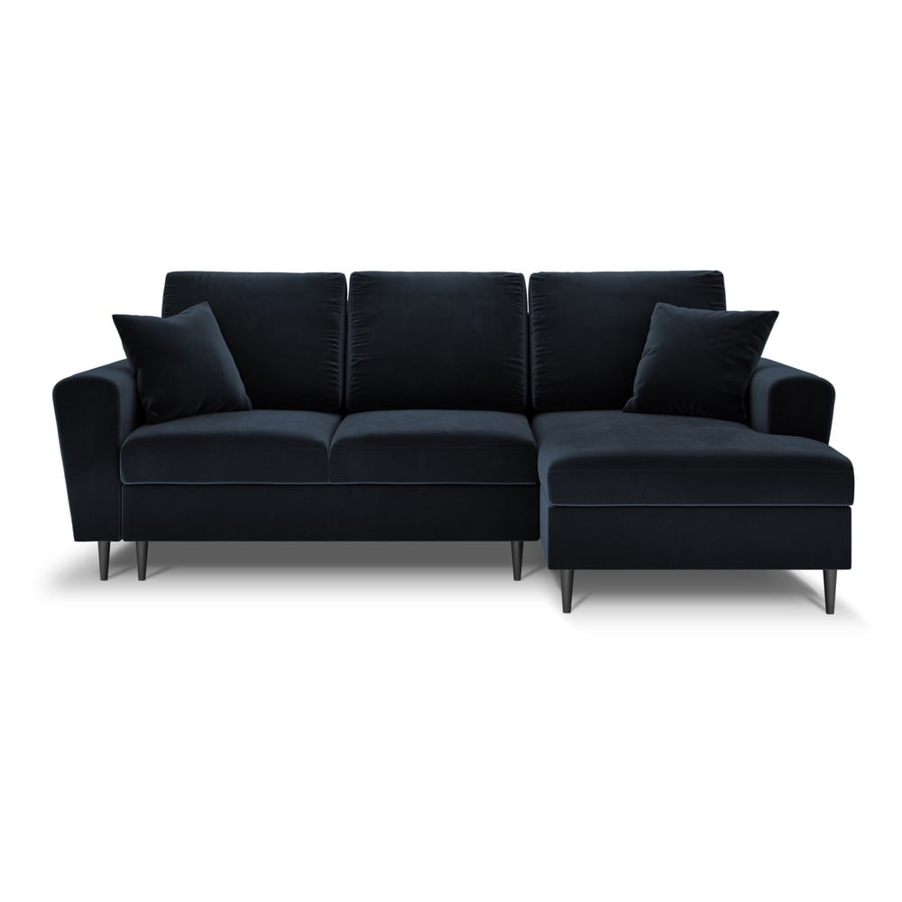 Sötétkék bársony kinyitható tárolóhelyes sarokkanapé (jobb oldali-heverő résszel) Kyoto – Cosmopolitan Design