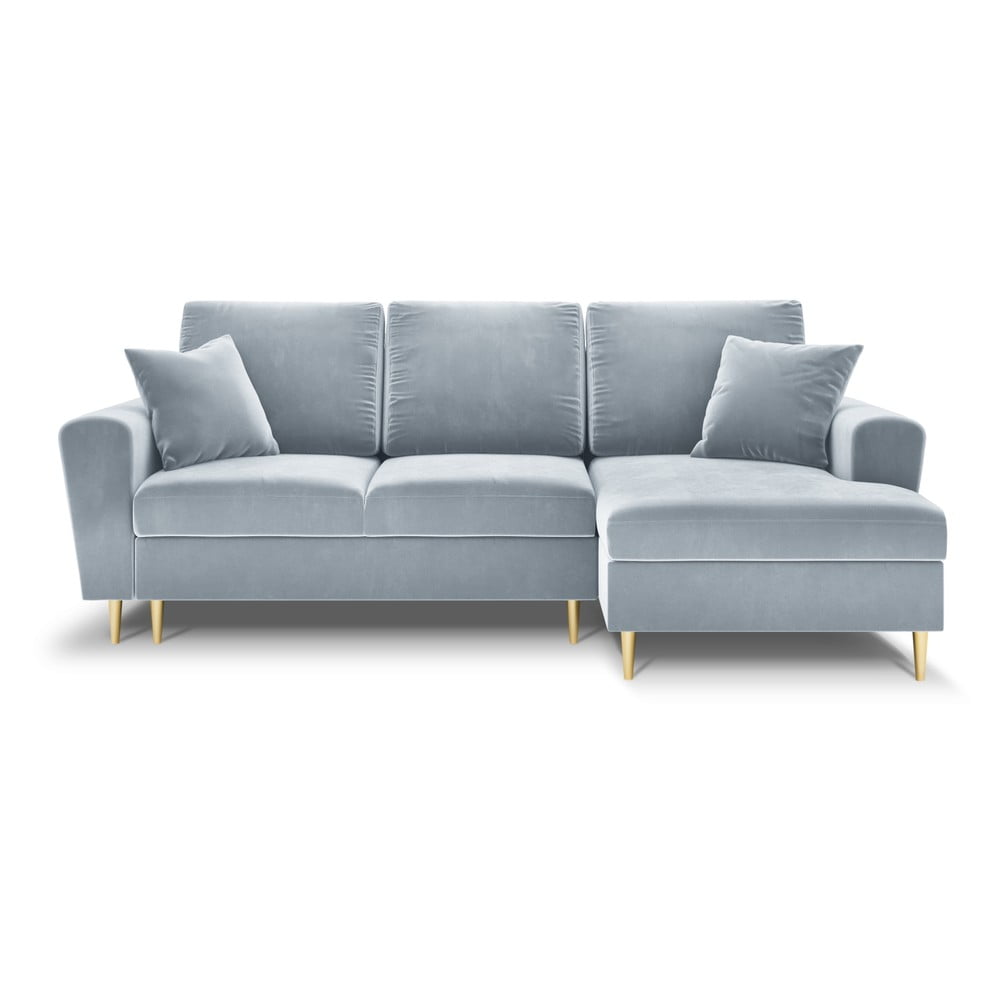 Világoskék bársony kinyitható tárolóhelyes sarokkanapé (jobb oldali-heverő résszel) Kyoto – Cosmopolitan Design