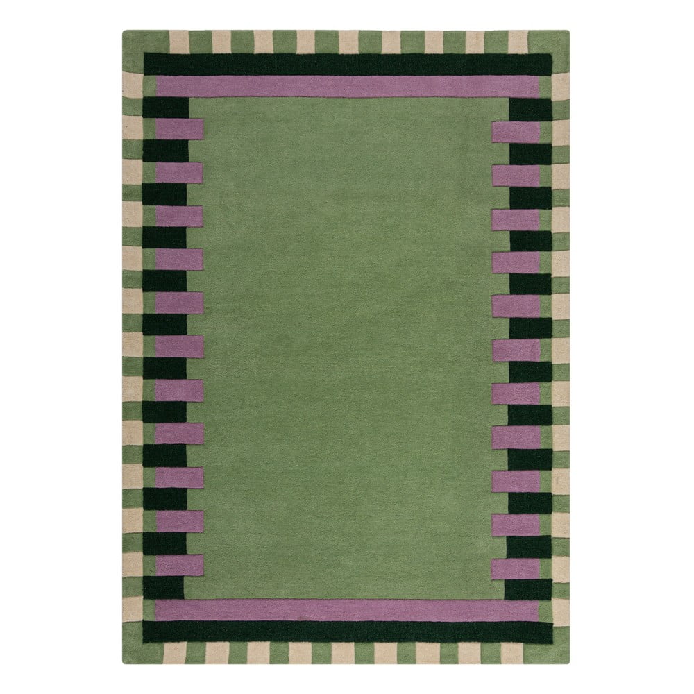 Zöld-lila kézi szövésű gyapjú szőnyeg 200x290 cm Kai Wool Border – Flair Rugs