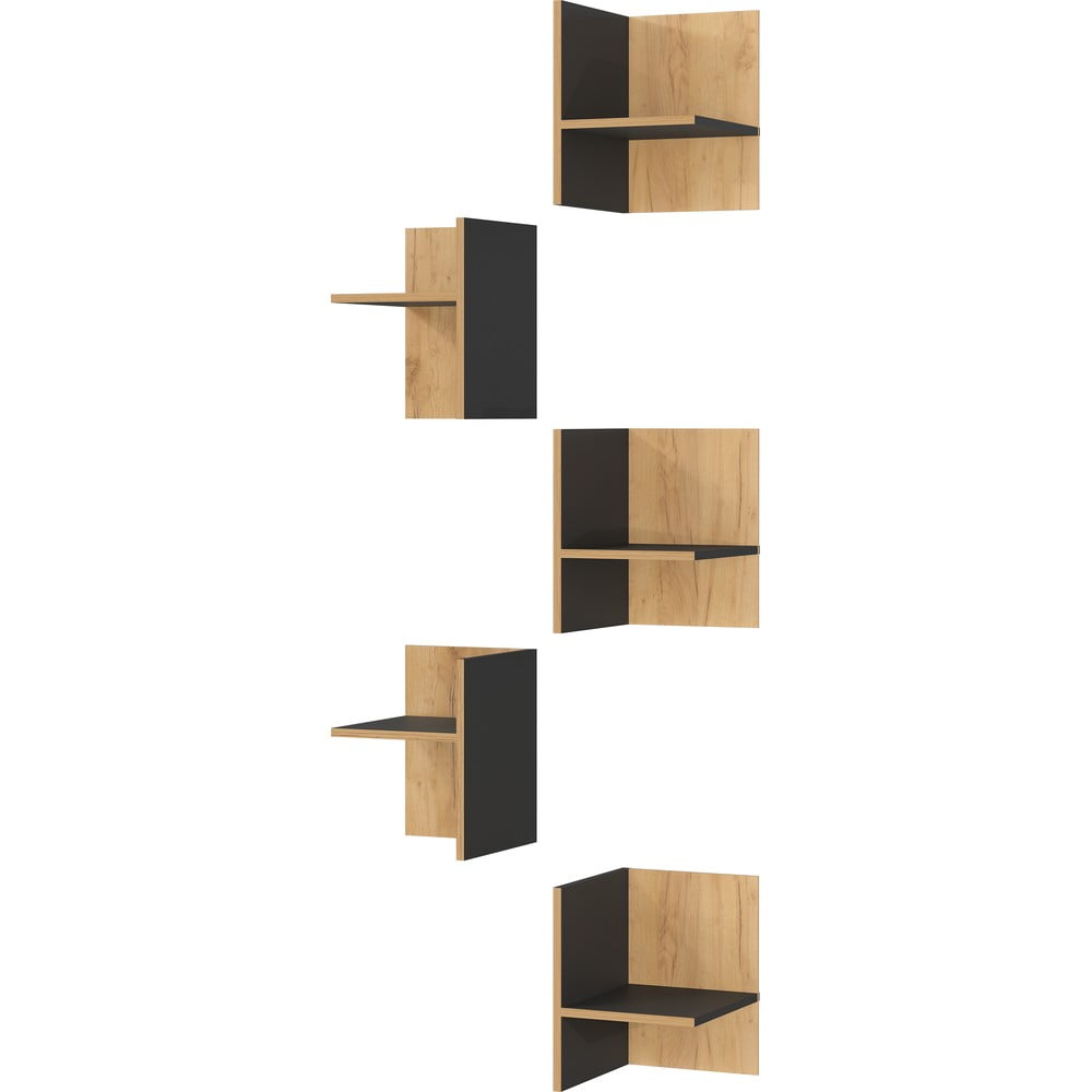 Antracitszürke-natúr színű kiegészítő polc szett  tölgyfa dekorral