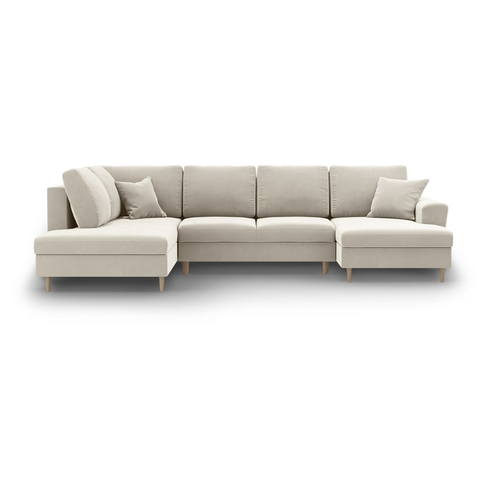 Bézs bársony kinyitható tárolóhelyes sarokkanapé (bal oldali-U alakú) Kyoto – Cosmopolitan Design