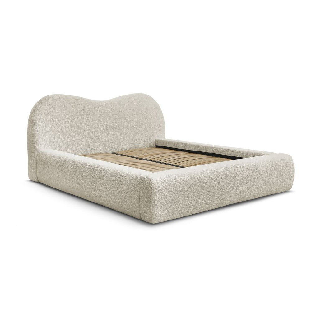 Bézs kárpitozott ágyneműtartós franciaágy ágyráccsal 180x200 cm Orlane – Bobochic Paris