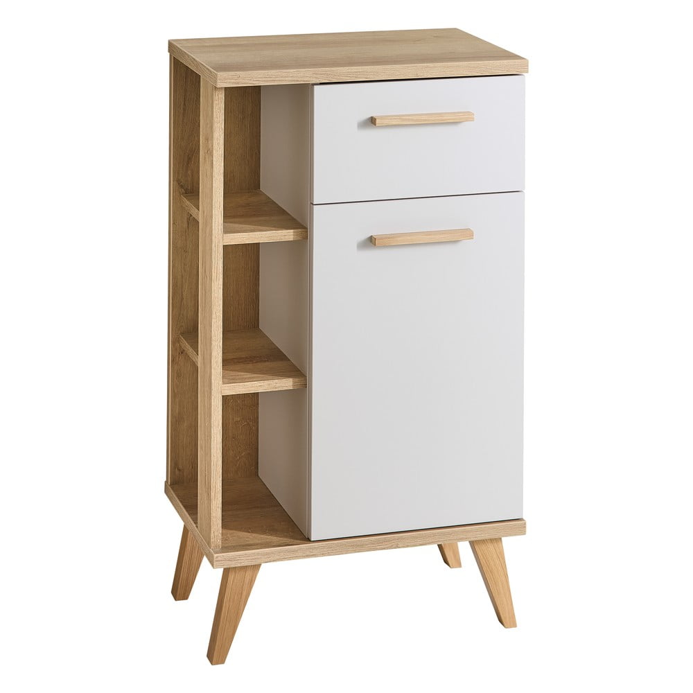 Krémszínű-natúr színű alacsony fürdőszoba szekrény tölgyfa dekorral 50