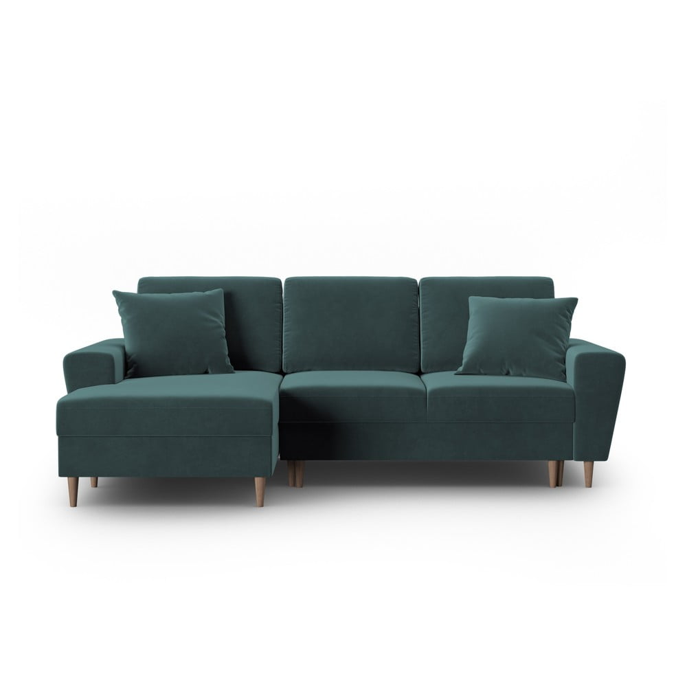 Petróleum színű bársony kinyitható tárolóhelyes sarokkanapé (bal oldali-heverő résszel) Kyoto – Cosmopolitan Design